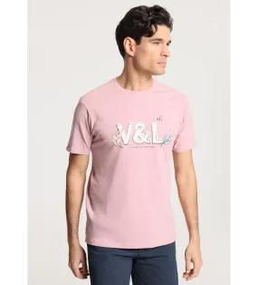 Camiseta de manga corta basica grafica V&L hojas rosa