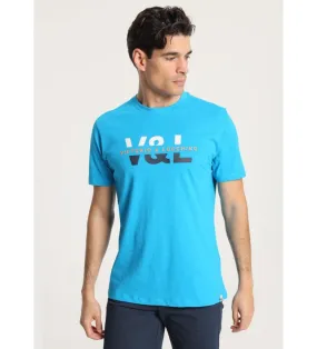 Camiseta de manga corta print V&L en el pecho azul